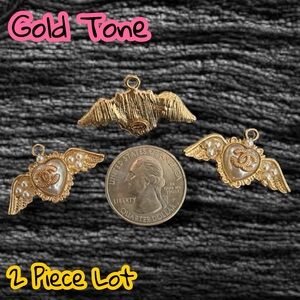 2 Piece Gold Tone CC Wing Pendant Zipper Pull Button Charm